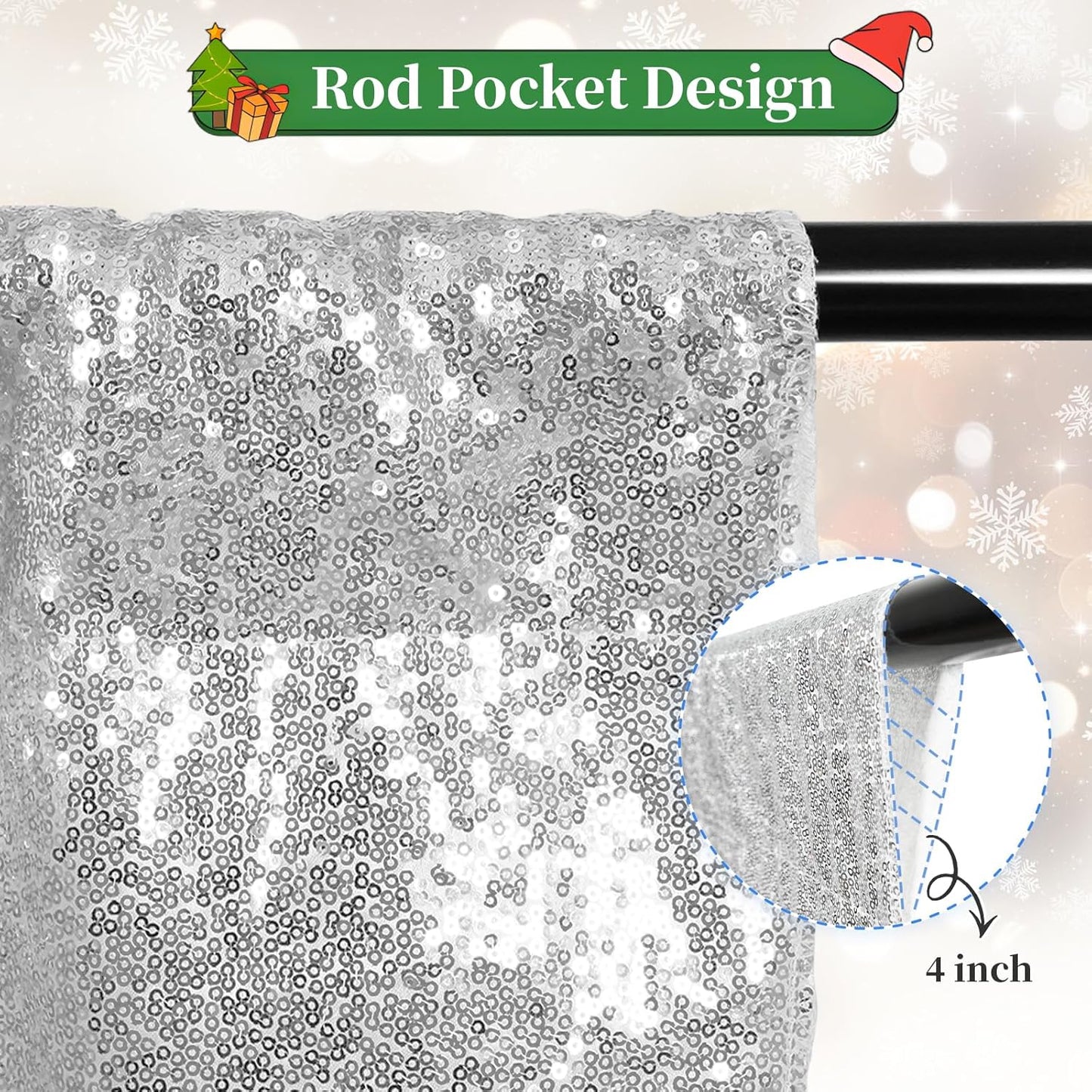 SquarePie Sequin Backdrop Non-Transparent Background Sparkly Curtain for Wedding Party 2FT x 8FT Silver 2pcs