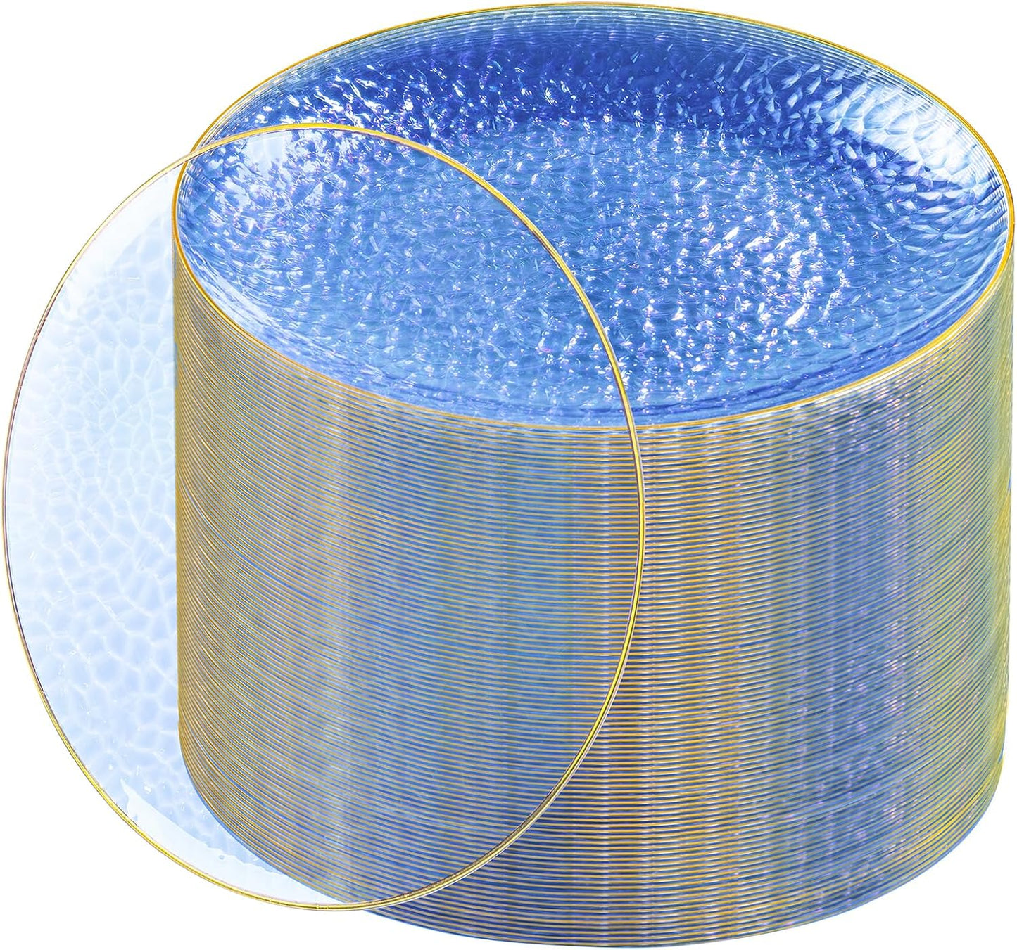 Rubtlamp 100 Pcs Blue And Gold Plastic Plates - 10 inch Clear Blue Gold Dinner Plates - Hammer Pattern Design - Fancy Disposable Plates - Heavy-Duty Party Plate for All Occasions