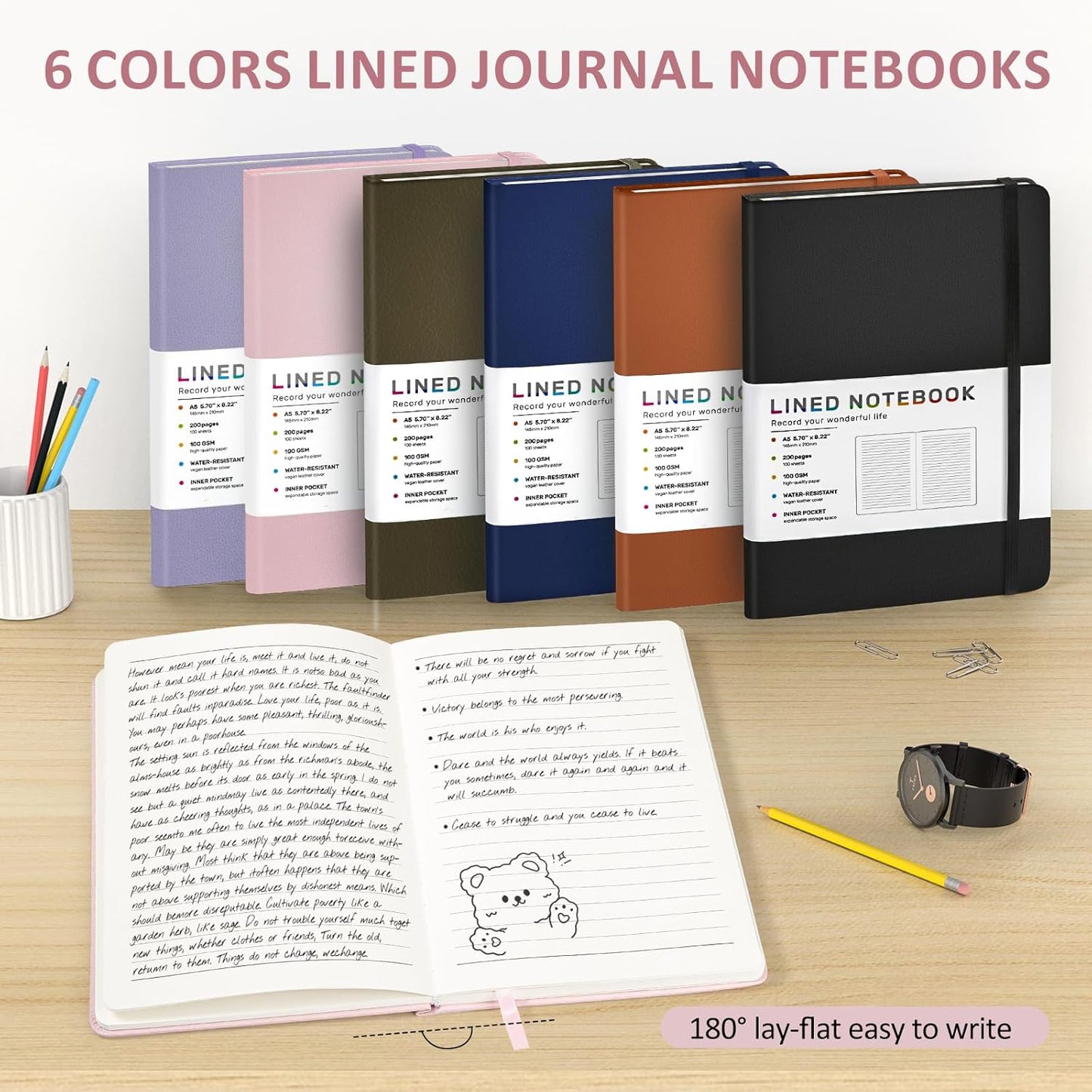 Lined Journal Notebook for Women Men, 200 Pages A5 Hardcover Leather Journals 5.7” x 8.3”, A5 College Ruled Notebooks with 100 GSM Thick Paper for Writing,Travel,School,Office,Work,Business（Pink）