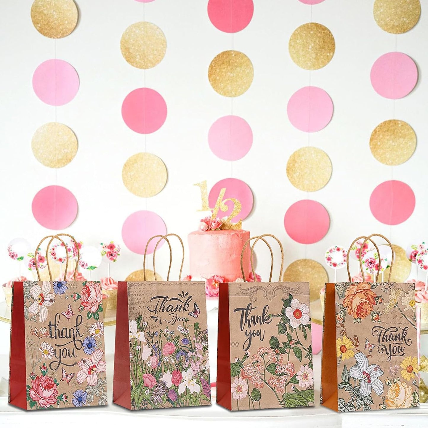 piqiya 24pcs Vintage Floral Gift Bags,Thank You Kraft Paper Bags with Handles for Friend Teacher Mom,Colorful Flower Pattern Bag for Gifting,Birthday,Gratitude,Party Goody Treat Bag