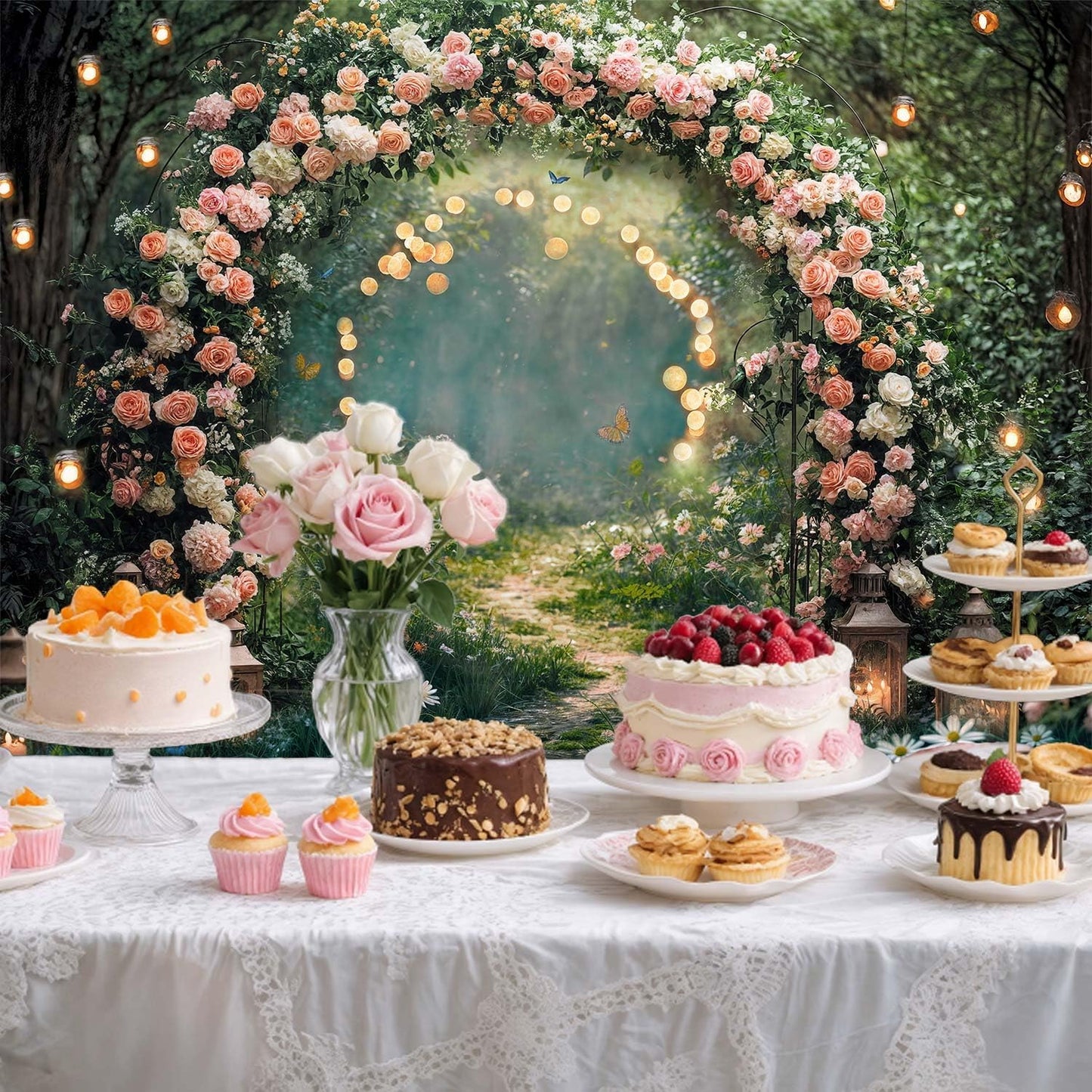 10x10ft Enchanted Forest Wedding Photography Backdrop Wonderland Roses Fairy Tale Backdrop Pink Flower Birthday Newborn Baby Shower Wedding Bridal Party Banner Photo Booth Props Anniversary Background