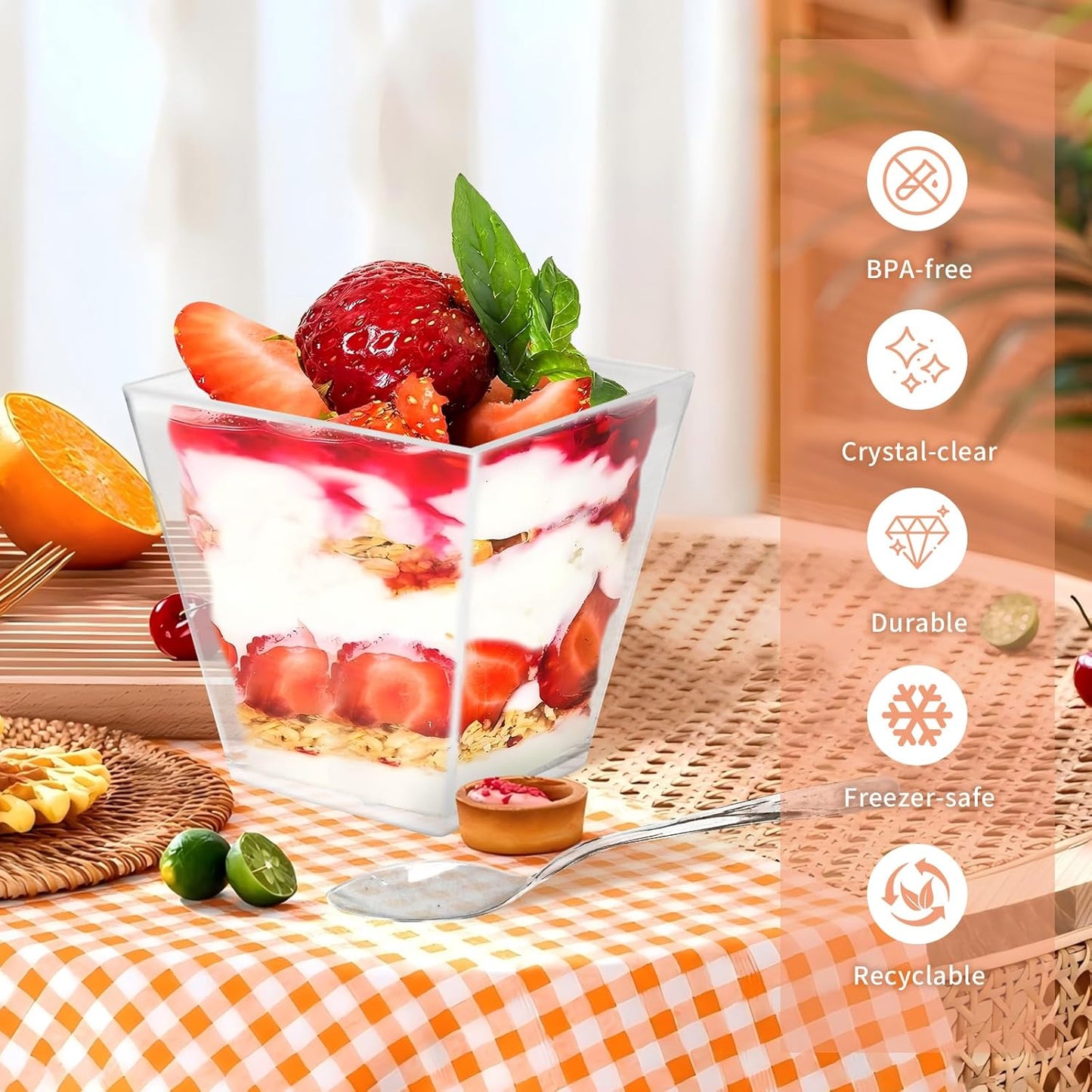50 Pack 7 oz Clear Plastic Square Dessert Bowls with Spoons，Mini Disposable Parfait Cups for Yogurt, Ice Cream and Tasting，Serving Cups for Appetizer，Pudding，Party (7 oz)