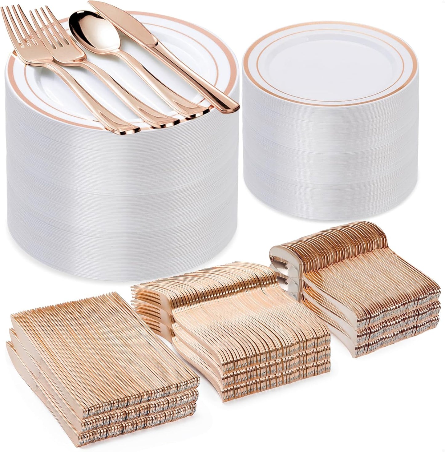 600PCS Rose Gold Plastic Plate Set (100 Guests), Plastic Plates for Party Wedding Birthday, Disposable Dinnerware Set of 200 Plates, 200 Forks, 100 Spoons, 100 Knives for Christmas