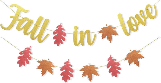 Uniwish Pre-Strung Fall in Love Banner Gold Glittery Garland Thanksgiving Fall Autumn Theme Wedding Bridal Shower Engagement Party Decorations
