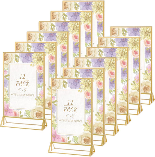 12 Pack Gold Acrylic Sign Holder 4x6 Picture Frame, Double Sided Gold Table Number Holder 4x6 Display Stand for Wedding, Home, Offices