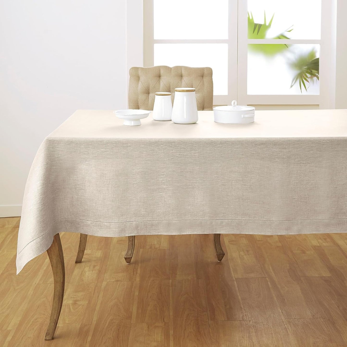 Solino Home Linen Light Natural Tablecloth 60 x 120 Inch - Classic Hemstitch, 100% Pure Linen Rectangular Tablecloth - Machine Washable Table Cloth for Fall, Autumn, Thanksgiving, Christmas, Holiday