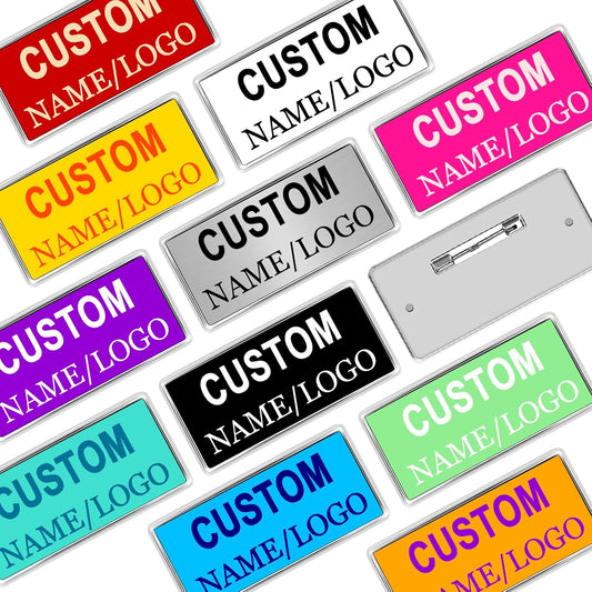 Custom Name Tags ID Badges with Logo Name Personalized Name Badges Name Tag ID Badges with Pin Backing Customizable Name Badges for Business Offices Stores Restaurant, 1.5x2.8 in, 20PCS