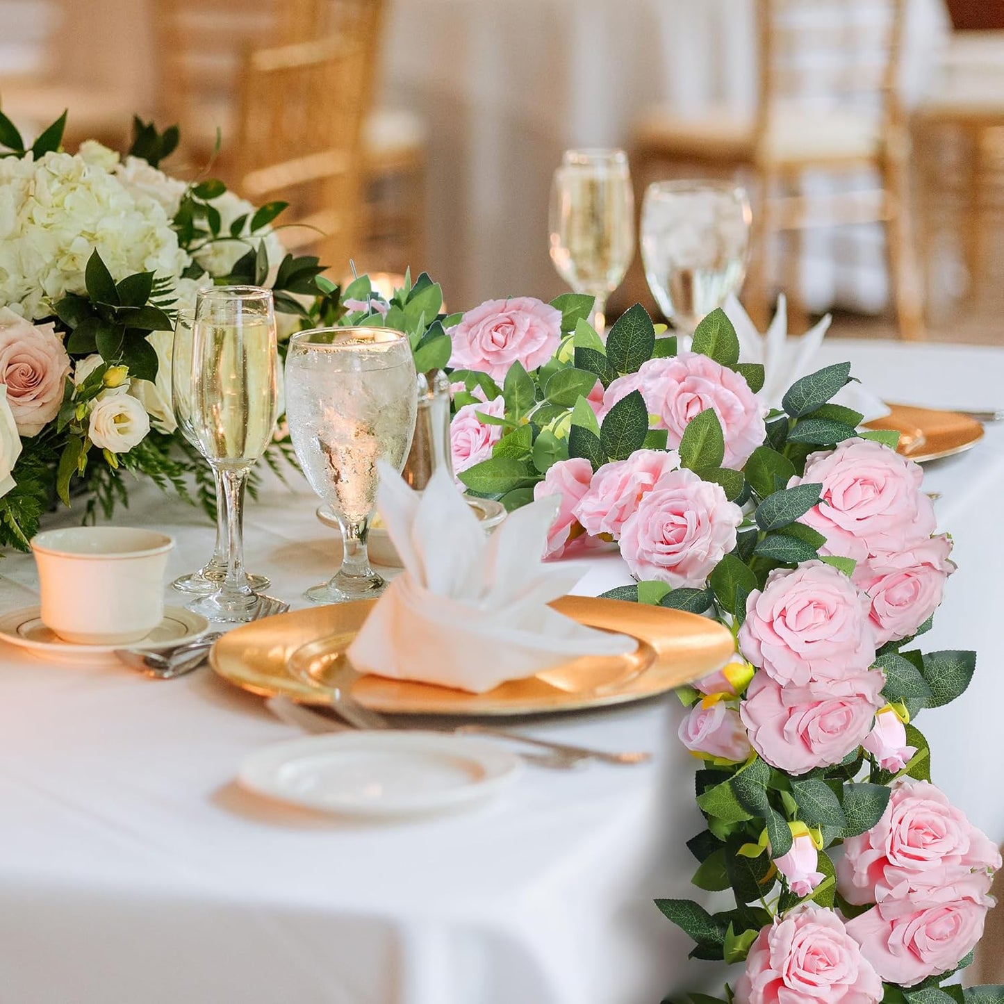 Sggvecsy 2Pcs 15.5Ft Artificial Rose Vine Fake Flower Garland Floral Garland Faux Silk Hanging Vine Rose Ivy Vines for Wedding Arch Party Wall Garden Ceremony Background Outdoor Decor (Pink)