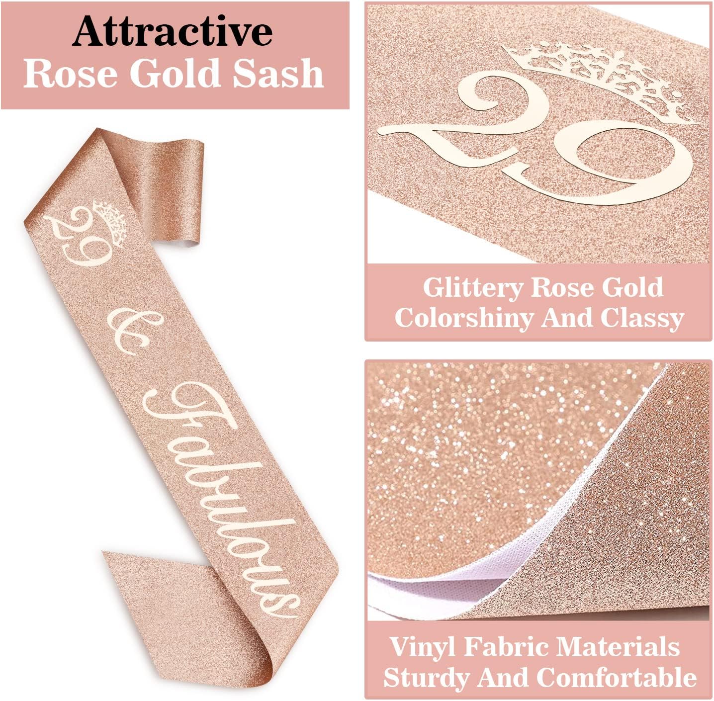 29th Birthday Decorations for Women Including Birthday Sash, Tiara, Numeral Candles and Cake Topper, 29 Year Old Gifts for Women, Rose Gold Party Decor Supplies