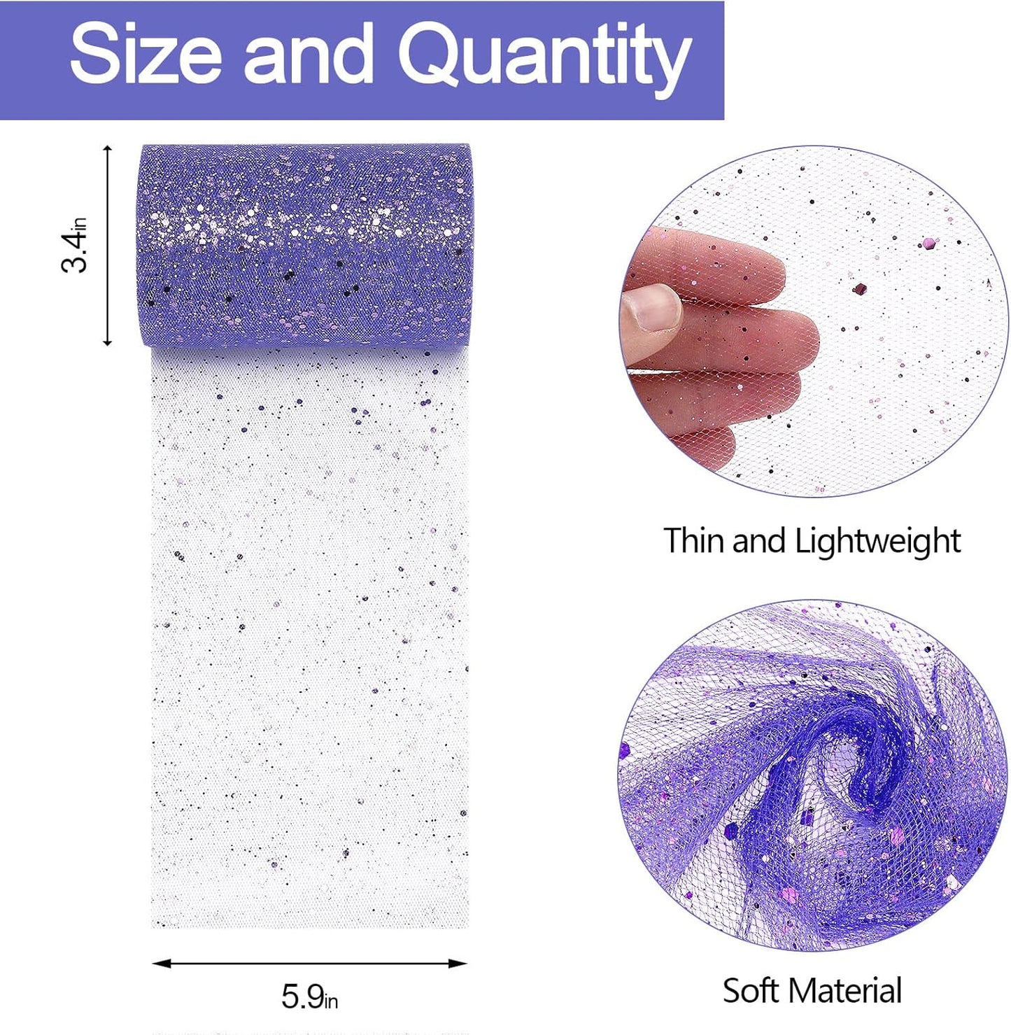 Glitter Tulle Rolls, 6” by 50 Yards (150FT) Sparkling Tulle Spool Ribbon Sequin Tulle Netting Fabric for Tutu Skirt Wedding Birthday Baby Shower (Purple)