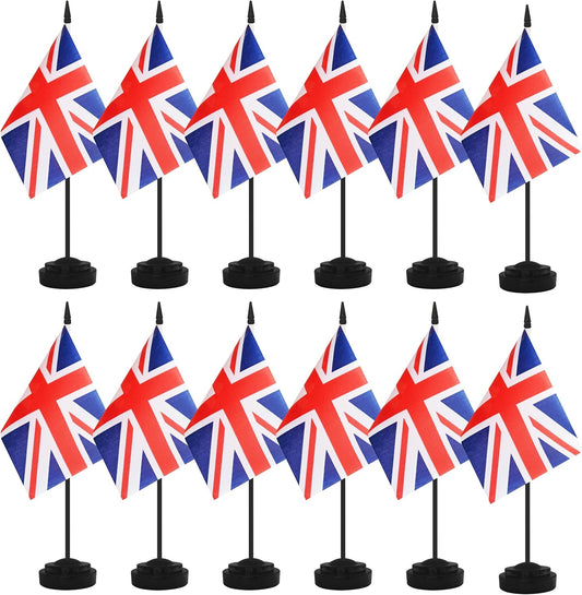 12 Pack UK Desk Flags, Britain Desktop Flag, Small Miniature Office Flags with 12" Black Pole and Black Base, Offices, Classroom, Home, Festival Decoration (UK)