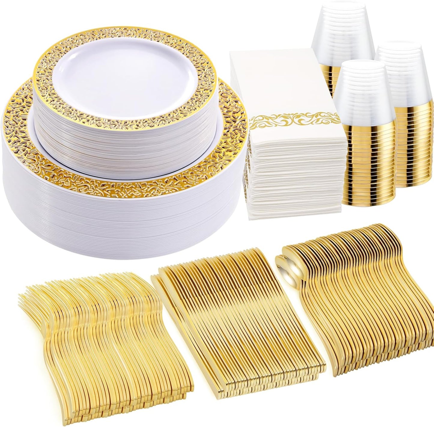 WELLIFE 350Pcs Gold Dinnerware Sets, Plates and Napkins Party Supplies Include:50 Dinner Plates, 50 Dessert Plates, 50 Paper Napkins, 50 Cups, 50 Gold Plastic Cutlery Set
