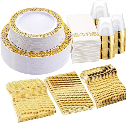 WELLIFE 350Pcs Gold Dinnerware Sets, Plates and Napkins Party Supplies Include:50 Dinner Plates, 50 Dessert Plates, 50 Paper Napkins, 50 Cups, 50 Gold Plastic Cutlery Set