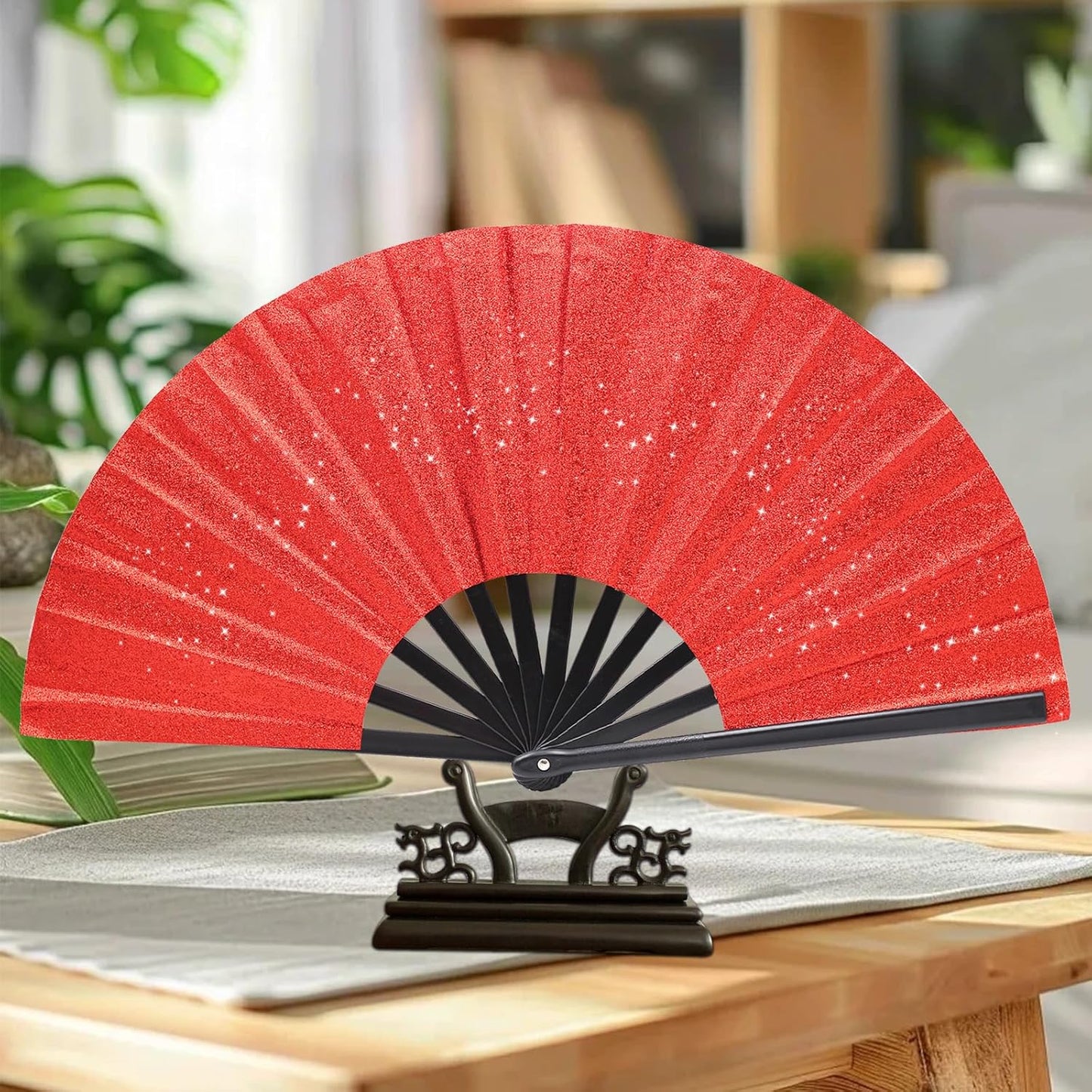 Glitter bling Large Folding Fan-Hand Fan Rave Clack Popping Fan for Line Dancing Clacking Fans for Boots On The Ground Dance, Party for EDM, Music Festival, Hot Flashes, Party, Decoration(3pcs red)
