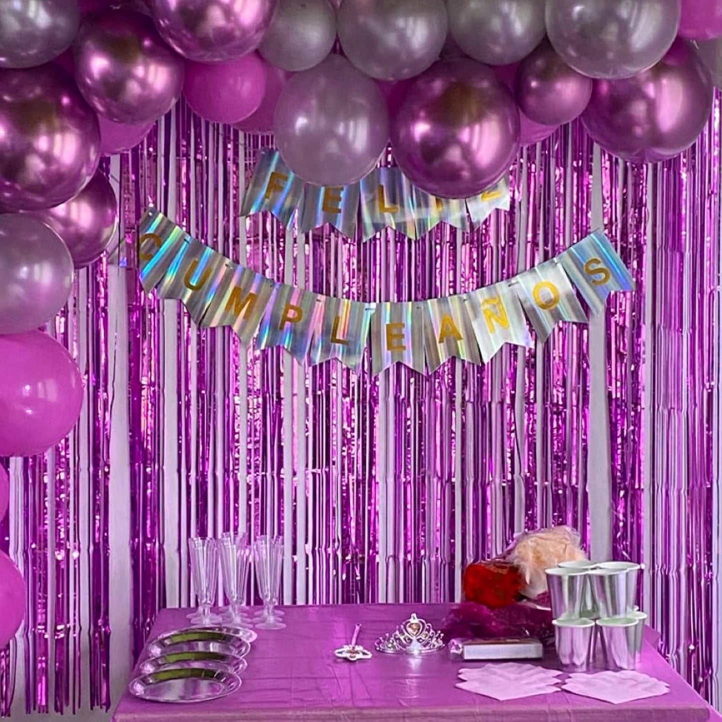 CANREVEL 2 Pack 3.3x8.2 Feet Hot Pink Foil Fringe Backdrop Curtains, Tinsel Streamers Birthday Party Decorations, Fringe Backdrop for Bachelorette Engagement Wedding Baby Bridal Shower Party