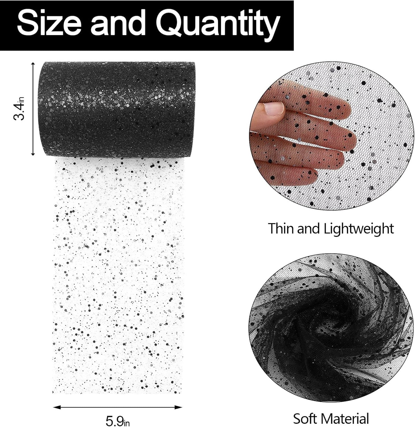 Glitter Tulle Rolls, 6” by 50 Yards (150FT) Sparkling Tulle Spool Ribbon Sequin Tulle Netting Fabric for Tutu Skirt Wedding Birthday Baby Shower (Black)