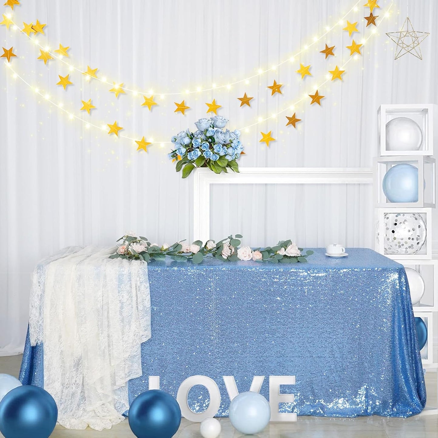 SquarePie Sequin Tablecloth 60 x 102 Inch Baby Blue Sparkly Table Linen for Wedding Party
