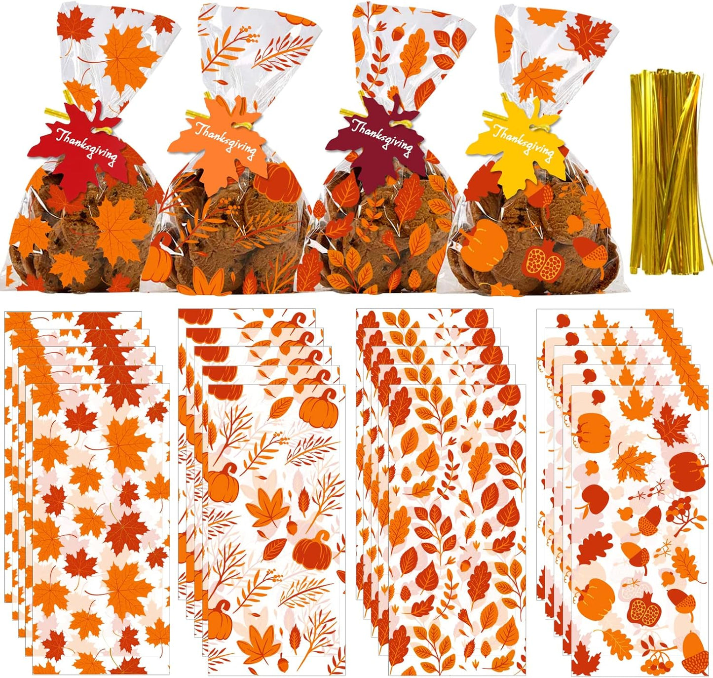 YUJUN 120 PCS Fall Cellophane Treat Bags,Maple Leaves Gift Goodie Candy Autumn Clear Cello Bags with 60 Pieces Maple Leaves Tags for Fall Autumn Thanksgiving Theme Party Favor Supplies(4 Styles)