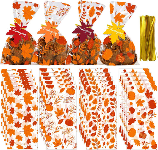 YUJUN 120 PCS Fall Cellophane Treat Bags,Maple Leaves Gift Goodie Candy Autumn Clear Cello Bags with 60 Pieces Maple Leaves Tags for Fall Autumn Thanksgiving Theme Party Favor Supplies(4 Styles)