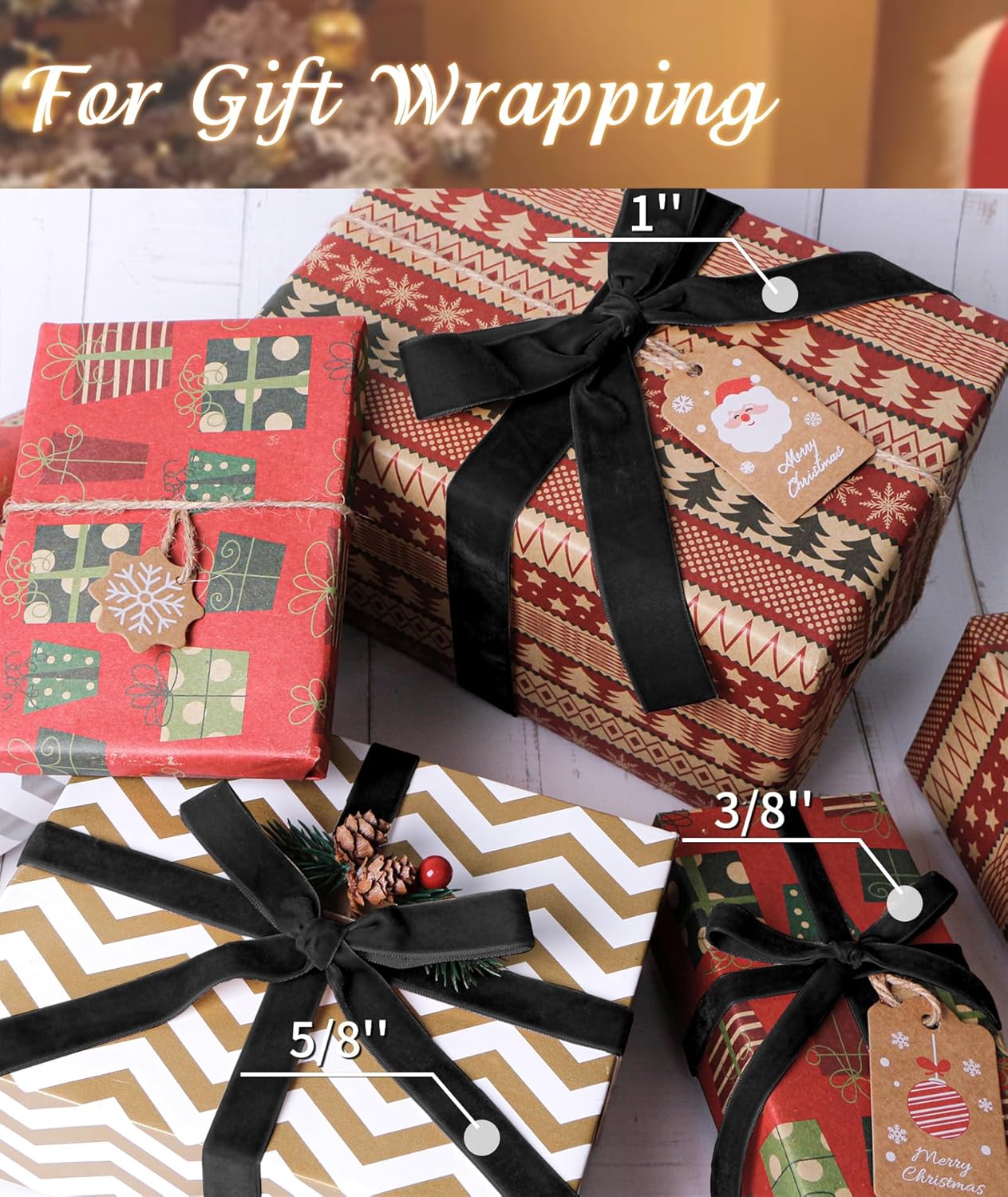 Black Velvet Ribbon 1'' 25 Yards for Christmas Tree, Gift Wrapping, Flower Bouquet, Wreath Decorations, Bow Making