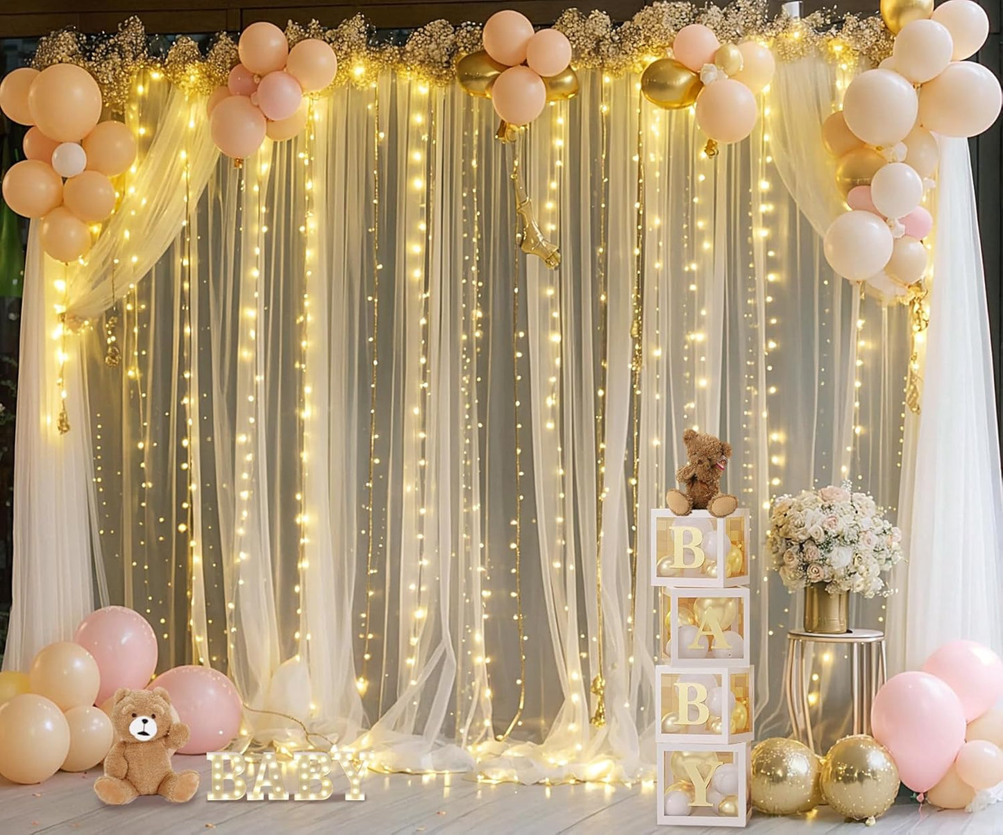 Champagne Tulle Photo Backdrop Curtain with Lights String for Parties Wedding Bridal Shower Sheer Champagne Curtain Backdrop for Birthday Party Baby Shower Photo Booth Photography 20ft x 10ft