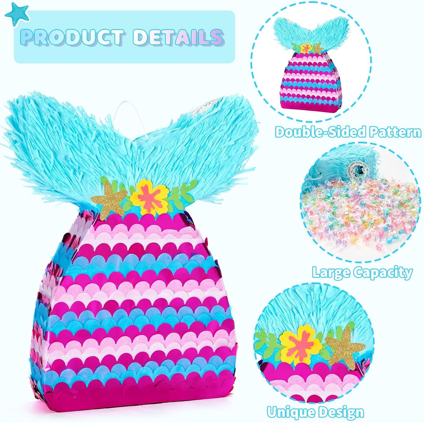 WERNNSAI Mermaid Piñata - Mermaid Party Games Decorations Mermaid Tail Piñata with Blindfold and Bat for Girls Kids Under the Sea Themed Birthday Party Supplies (12.5" x 16.5" x 3")