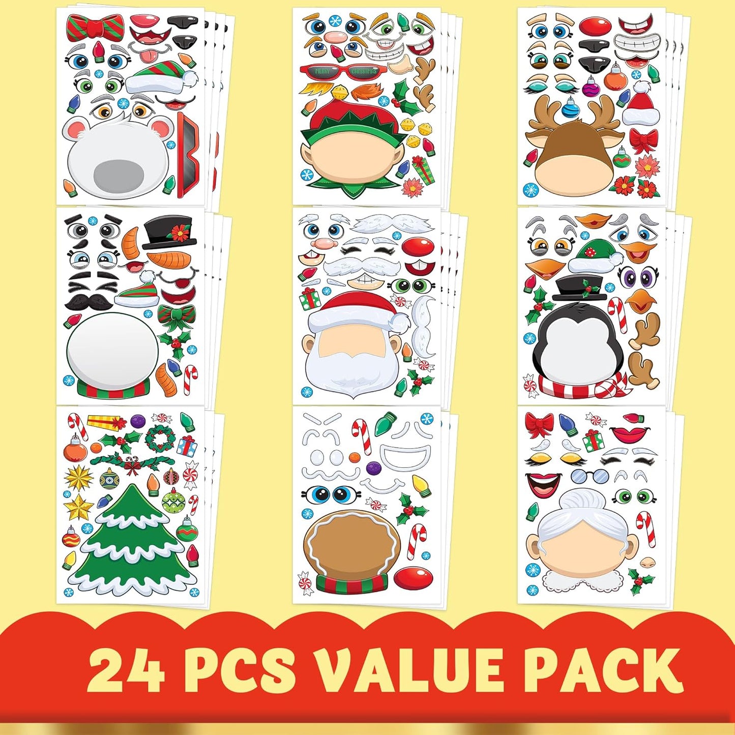 JOYIN 24 Pcs Christmas Make-a-face Stickers, Make Your Own Characters Mix and Match Sticker Sheets with Christmas Elf, Santa Santa, Snowman, Penguin, and Polar Bear Kids Party Favor Supplies Craft