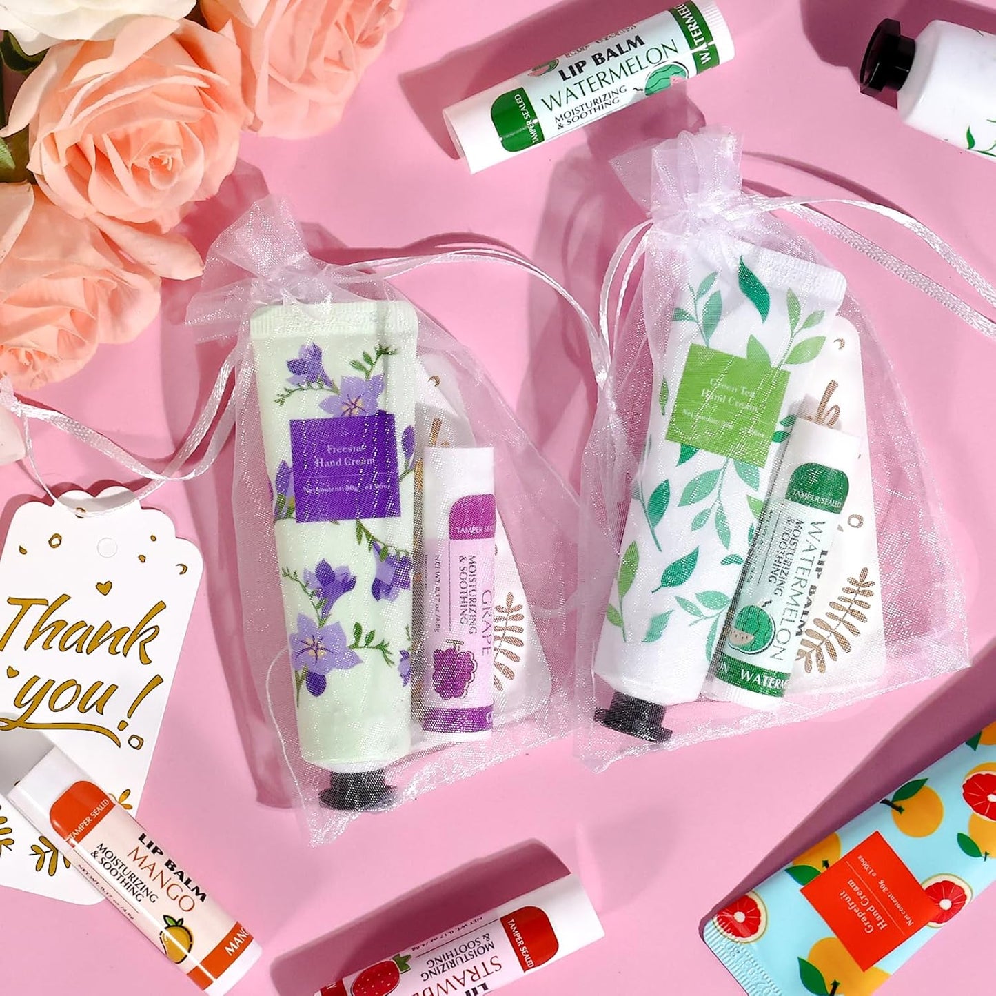 AZEN 24 Sets Bulk Gifts, Hand Cream and Lip Balm Bulk Set with Organza Bag Thank You Card, Baby Shower Wedding Gifts for Guests, Bridal Wedding Favors for Guests, Thank You Gifts for Women