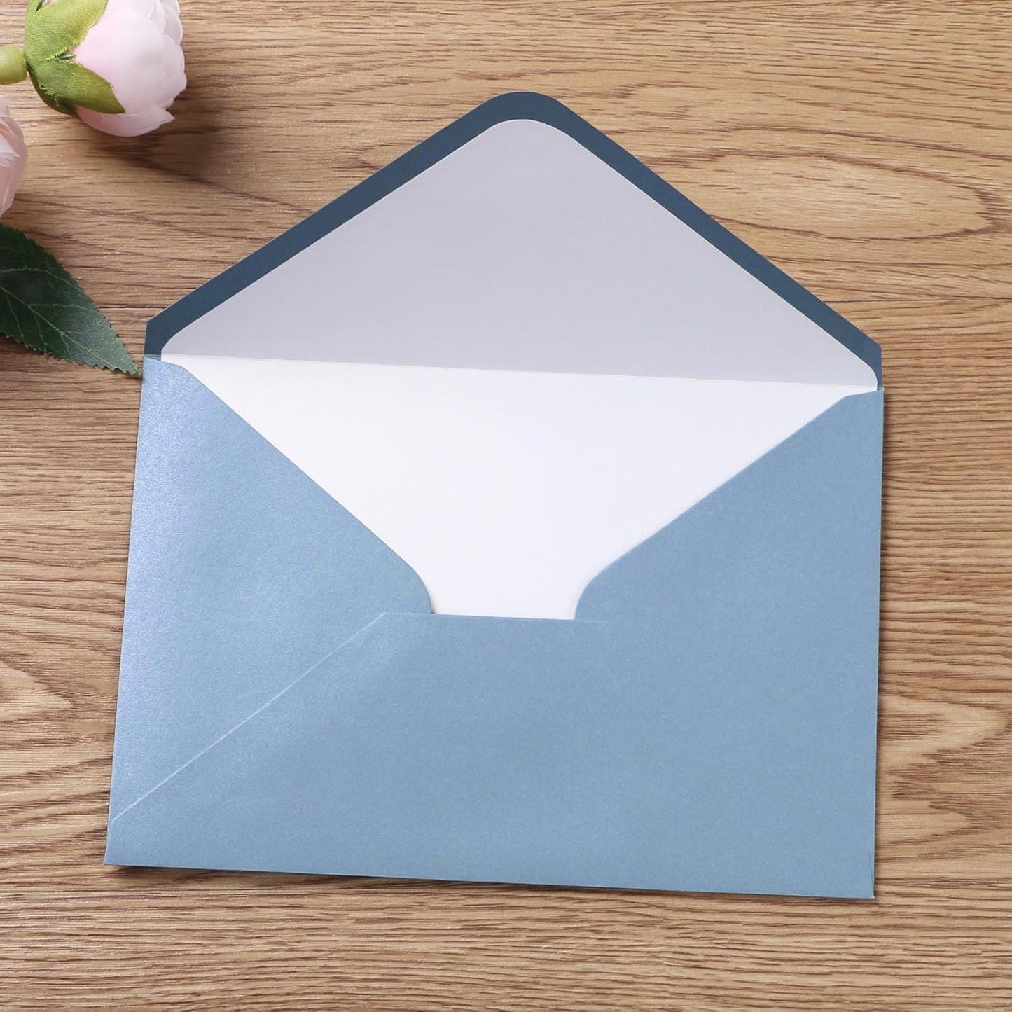 PONATIA 50 Pieces/lot A7 Envelopes, 5.25 X 7.25'' Matte Dusty Blue Envelopes Perfect For 5x7 Weddings Invitation Cards, Graduation, Acrylic Invitations, Photos (Pearl White Liner + Matte Dusty Blue)