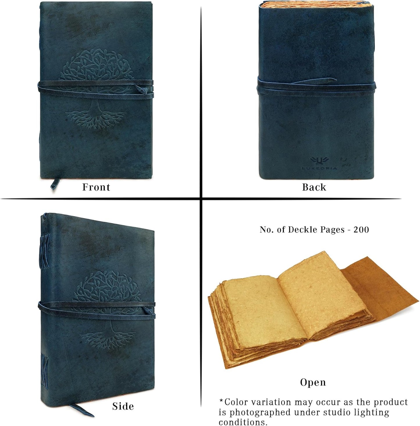 LUXEORIA Tree Of Life Leather Journal for Women and Men, Handcrafted Leather Journal for Writing Womens, Sketchbook, Travel Diary with Unlined Deckle Paper, Dark Blue 8x13