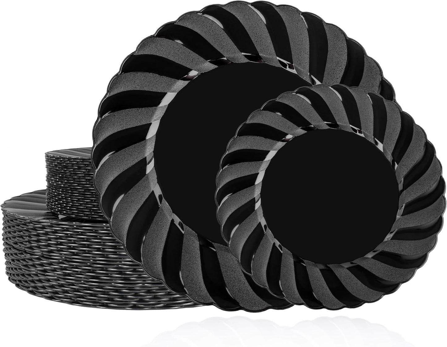 U-QE 60 Pcs Black Plastic Plates for Party – Scalloped Plastic Plates Heavy Duty – Include 30 10.25" Dinner & 30 7.25" Dessert Plate - Perfect for Halloween, Weddings & Birthdays