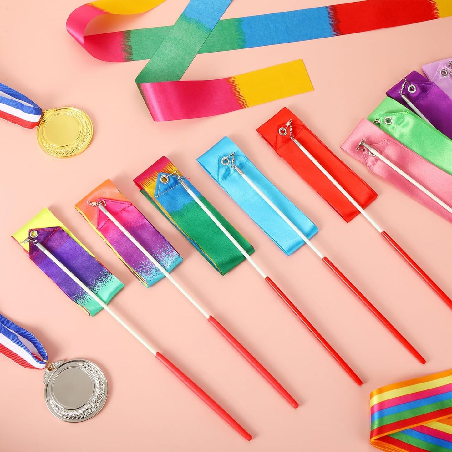 Yilloog Ribbon Dancing Wands Party Favors, 78.7 Inch Gymnastics Ribbon Streamers Rainbow Artistic Ribbon Dancer Twirling Wands, Rainbow Birthday Decorations, Girls Party Games