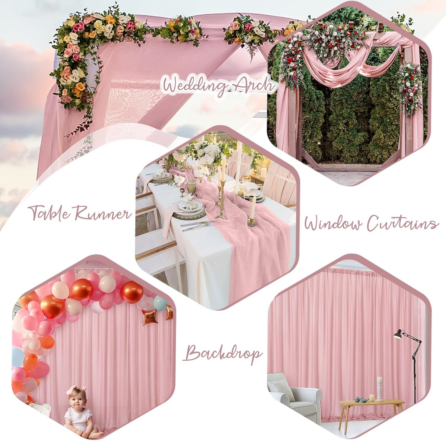 PARTISKY 10x7ft Dusty Rose Chiffon Backdrop Curtains, Wrinkle-Free Sheer Fabric Photo Drapes for Wedding Ceremony Arch Birthday Baby Shower Photography Stage Decor 5X 7ft, 2 Panel