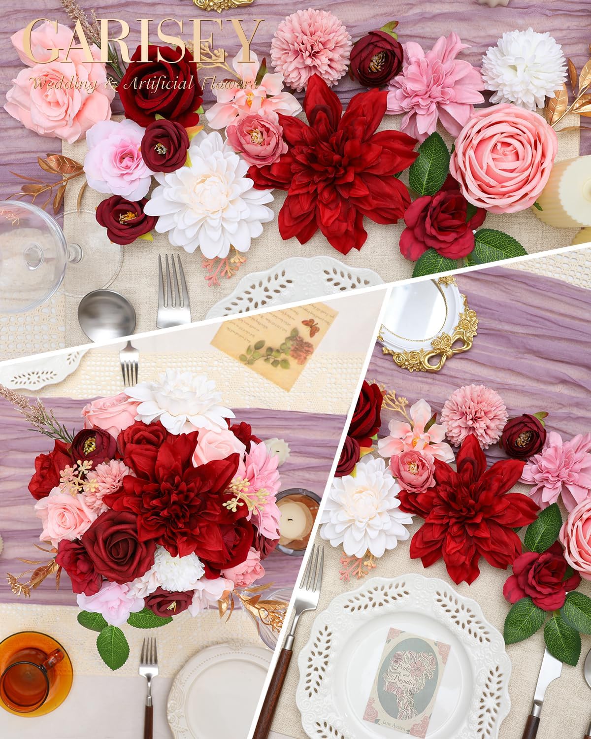 Artificial Flowers Combo, Mix Silk Flowers Roses, Peonies, Dahlias with Stems for DIY Wedding Bridal Bouquets, Baby Shower, Table Centerpieces, Home Decor, Fake Floral Arrangements-Red&Pink