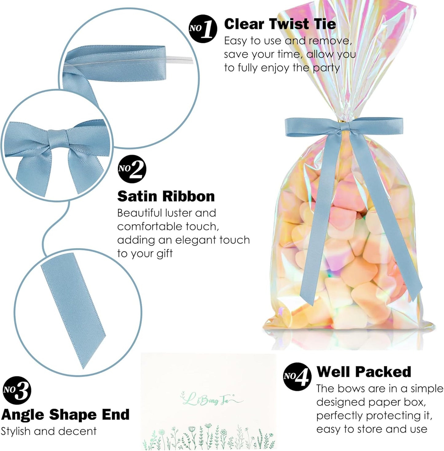 50 PCs Dusty Blue Bow 5 Inch Long Tail Bows for Gift Wrapping, Easter Bow Party Decorations, Twist Tie Bows, Satin Bows for Crafts, Premade Bows for Presents, Treat Bags, Bottles, Cakes