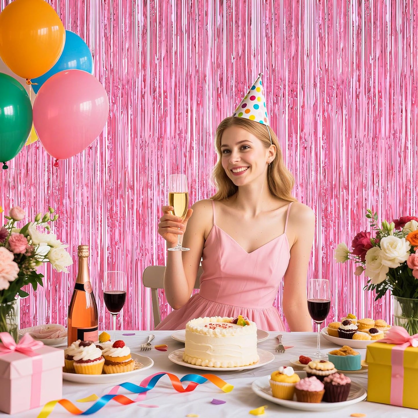 Pink Party Decorations, 2Pack Glitter Pink Backdrop, Metallic Tinsel Backdrop Fringe Curtains Backdrop Curtains, Photo Backdrop Party Supplies Wedding Engagement Christmas Birthday Party Decorations