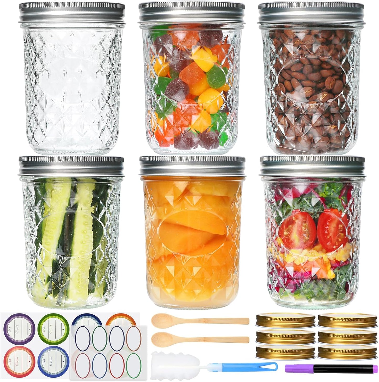Mason Jars 16oz,Canning Jars with Metal Airtight Lids and Bands,Wide Mouth Mason Jars Ideal for Spice, Jam, Honey, Jelly, Yogurt, overnight oats,Meal Prep, Wedding Favors,6Pack