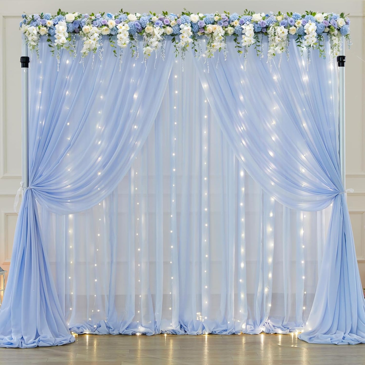10ft x 7ft Baby Blue Chiffon Backdrop Curtain with Lights String for Parites Wedding Light Blue Curtain Photo Backdrop Drapes for Baby Shower Birthday Party Home Decorations