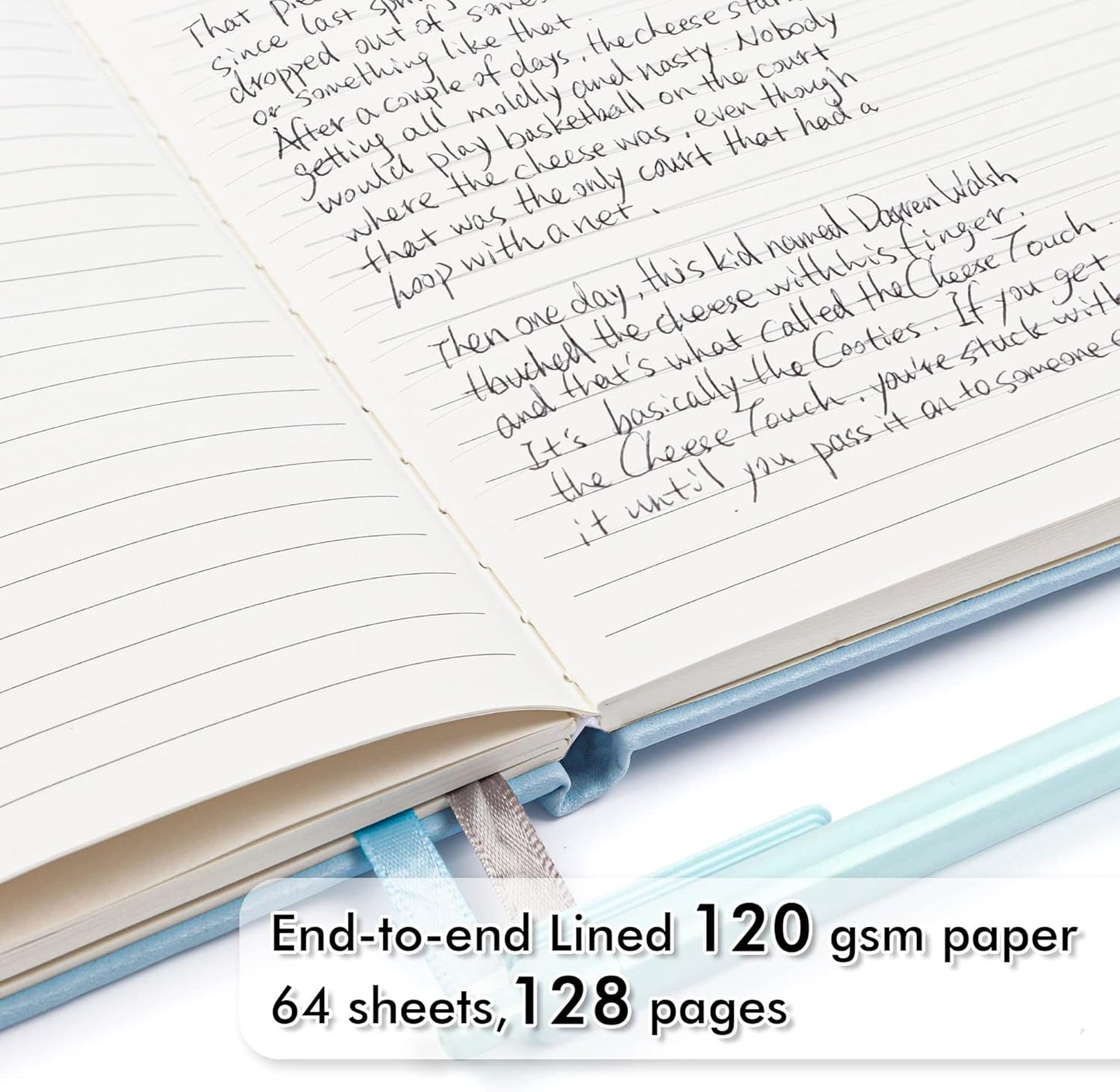 feela 5 Pack Notebooks Journals Bulk, Hardcover Notebook Classic Ruled Lined Journals with Pen Holder for Women Girls School Business Supplies, with 5 Black Pens, 120 GSM, 5.1”x8.3”, A5, Light Blue