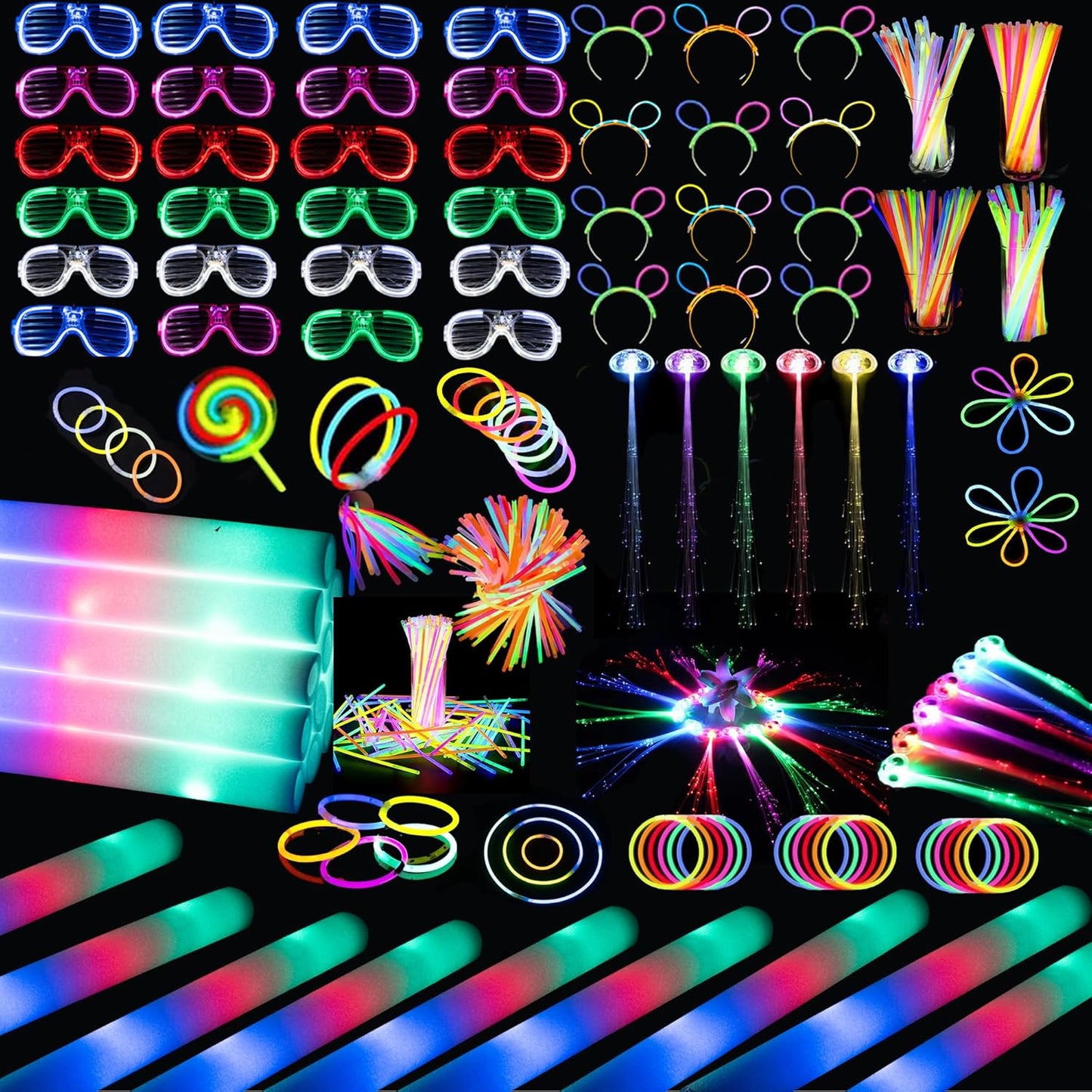 272 PCs Glow Party Supplies, 24 Foam Glow Sticks, 24 LED Glasses and 200 Glow Sticks ＆ Bracelets, 12 Glow sticks headband 12 Fiber Optic Hair Light，Glow Neon Party Favors for Wedding, Concert, Raves