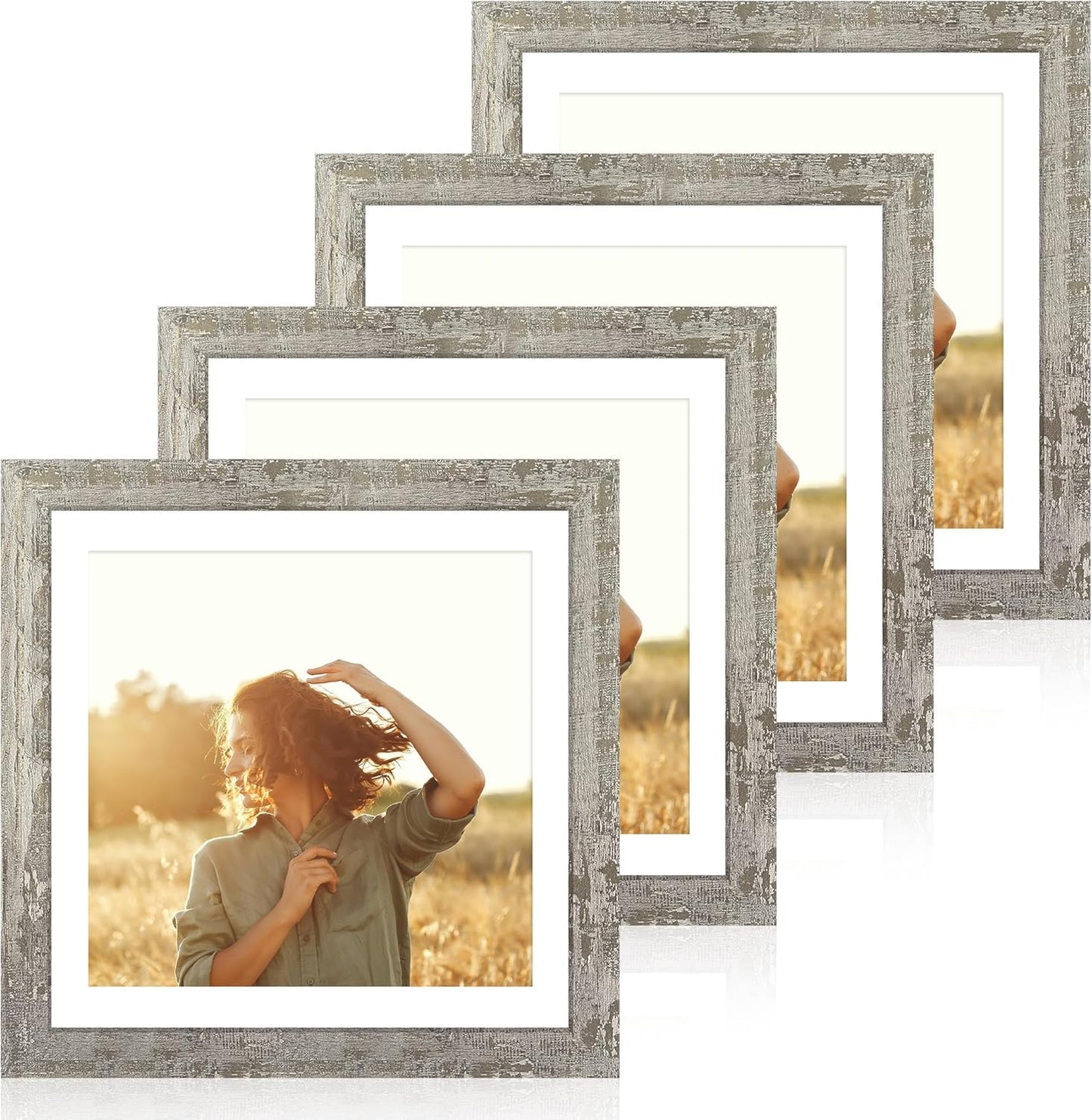 12x12 Picture Frame Set of 4 with Tempered Glass, Display 10x10 Picture with Mat or 12 x 12 Without Mat, Rustic Wood Square Photo Frame for Desktop Display and Wall Mounting