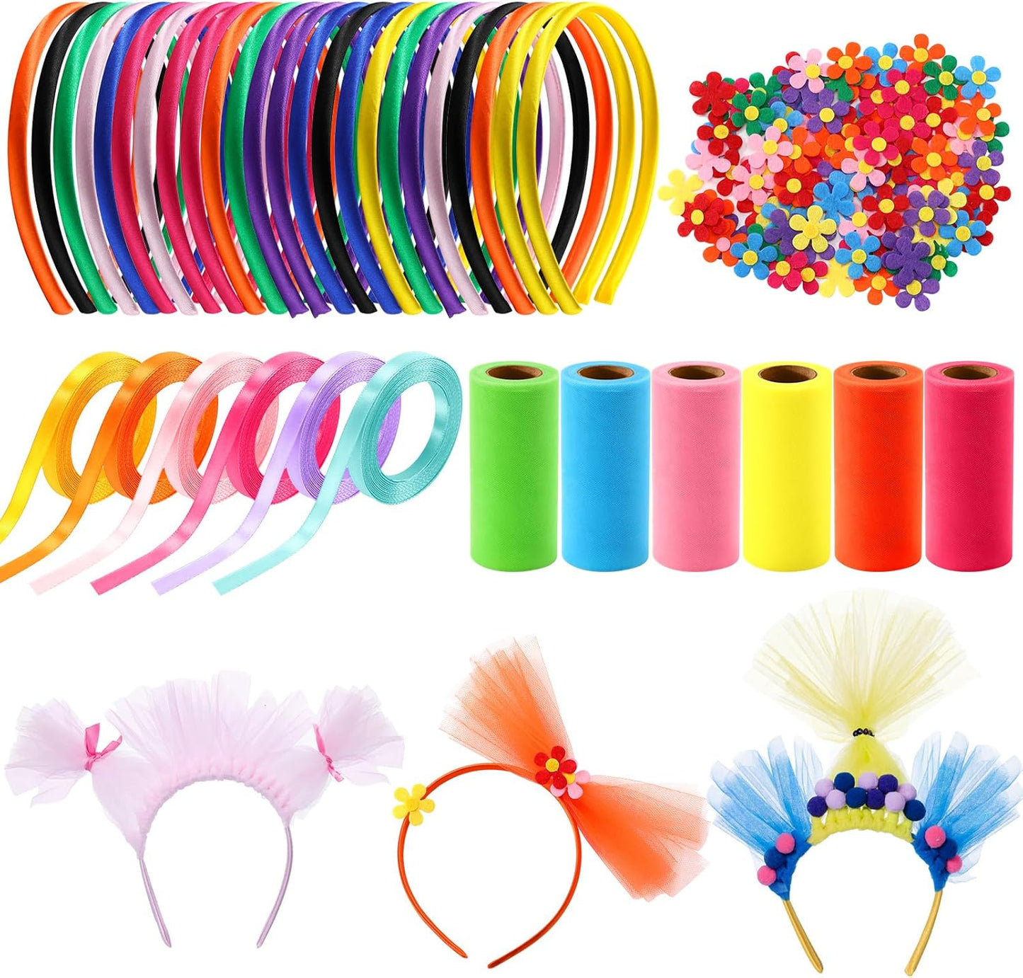 Canlierr 24 Pcs Rainbow Headbands 6 Tulle Mesh Fabric Rolls 100 Felt Flowers Embellishments for DIY Crafts 6 Colorful Satin Roll Ribbons for DIY Headbands Halloween Party Decoration