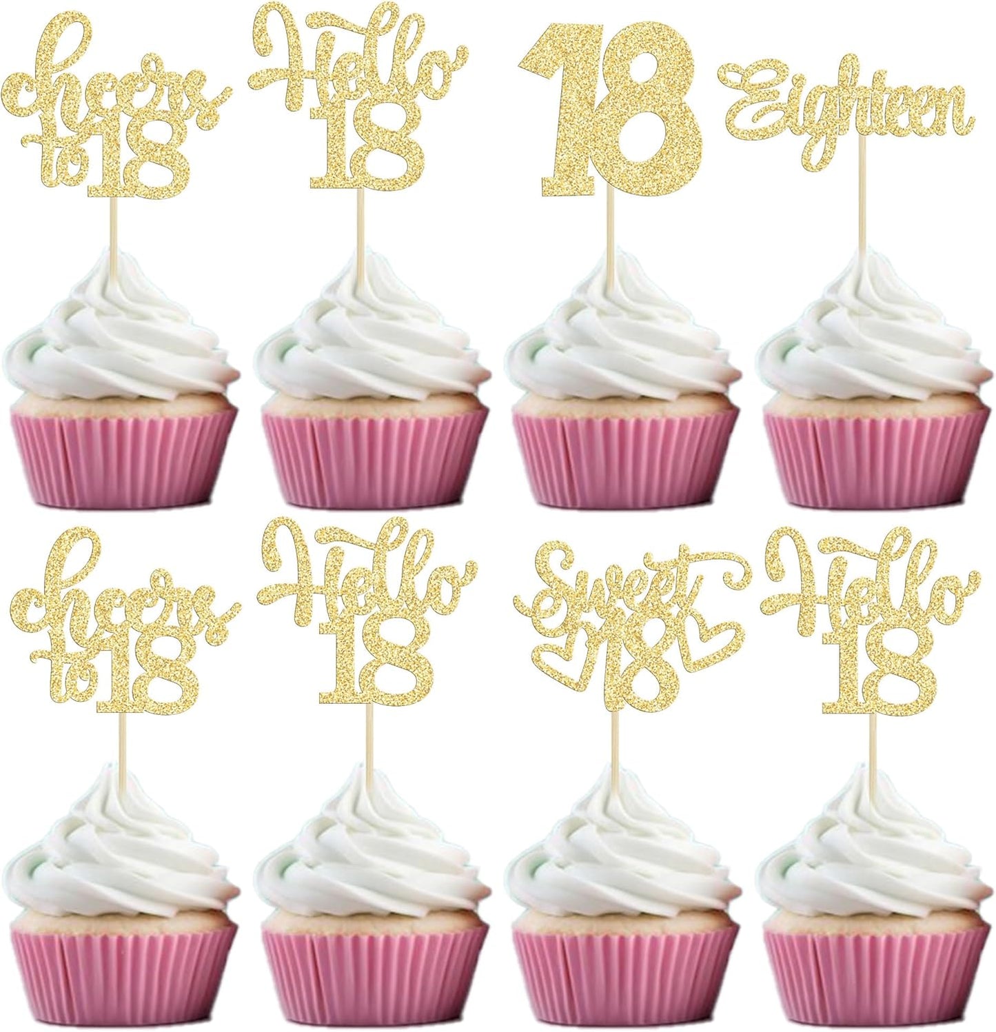 30Pcs18th Birthday Cupcake Toppers Eighteen Happy 18th Cupcake Picks Sweet 18 Cheers to 18 Cake Decorations for 18th Birthday Anniversary Party Supplies Gold Glitter