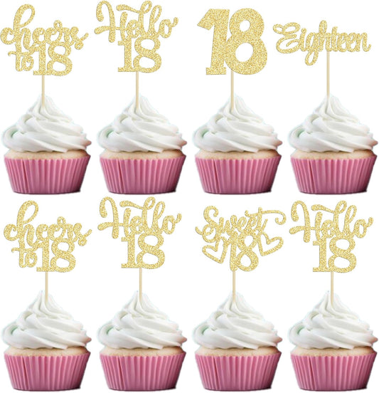30Pcs18th Birthday Cupcake Toppers Eighteen Happy 18th Cupcake Picks Sweet 18 Cheers to 18 Cake Decorations for 18th Birthday Anniversary Party Supplies Gold Glitter