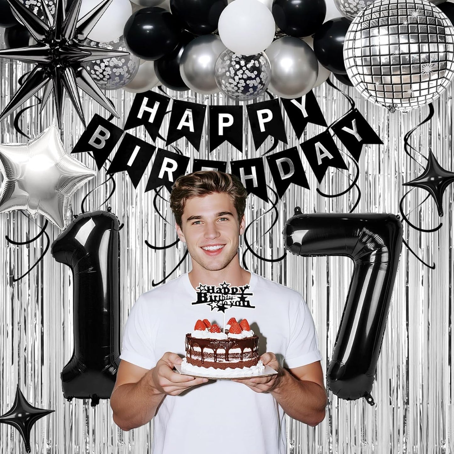 17th Birthday Decorations for Boys Girls, Black Silver Happy Birthday Party Decorations， 17 Year Old Party Supplies with Number 17 Balloons, Banner, Fringe Curtains Kit