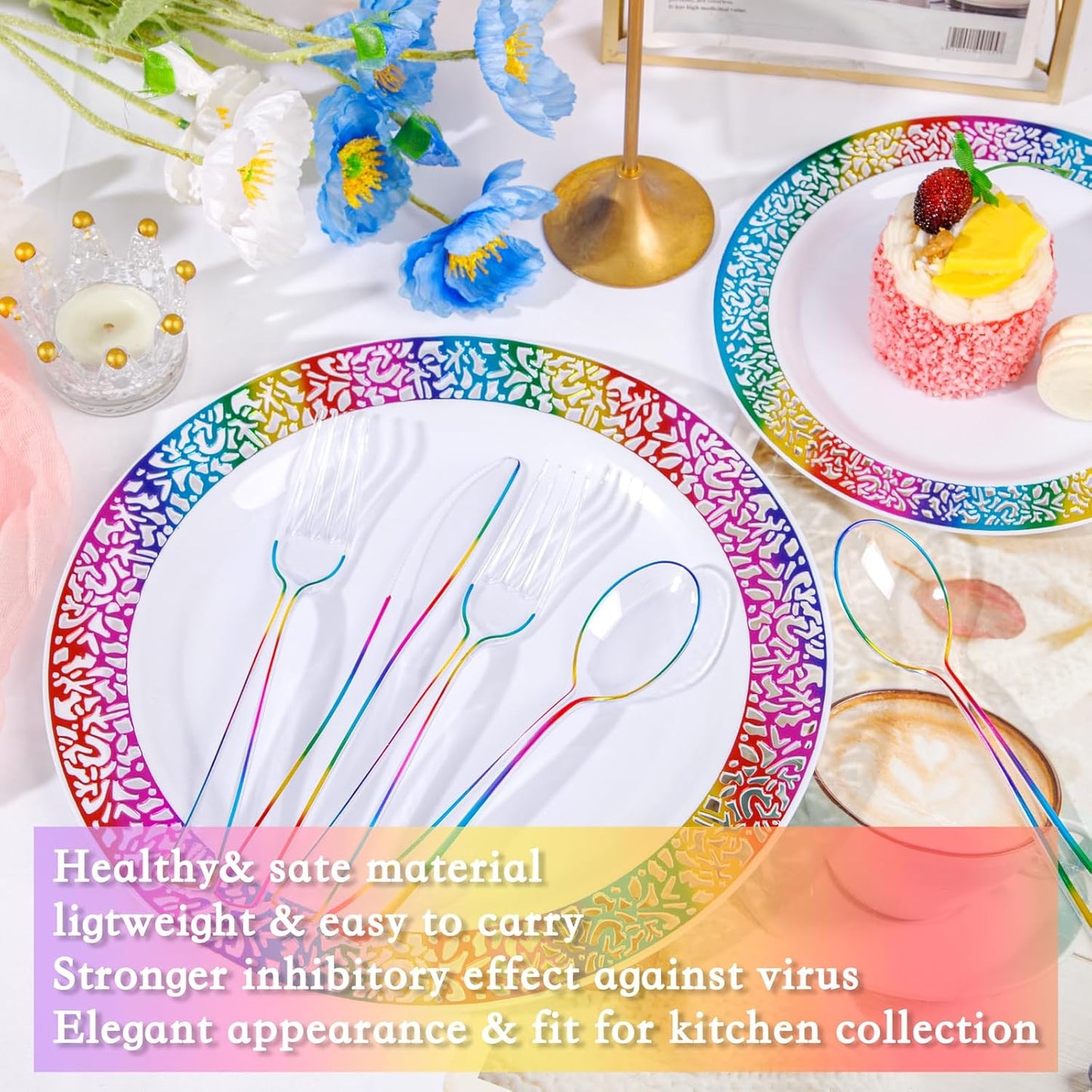 Supernal 120 PCS Clear Plastic Silverware Heavy Duty - Disposable Utensils Rainbow Colorful Silverware Set Include 40 Forks, 40 Knives and 40 Spoons for Trolls/Birthday Party, Baby Shower Decorations