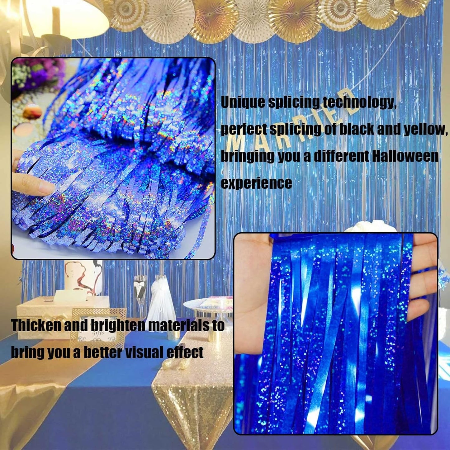 4 Pack Blue Tinsel Foil Fringe Curtain Backdrop, 3.28Ft x 8.2Ft Metallic Streamers for Photo Booth Props Wedding Bridal Shower Bachelorette Birthday Halloween Christmas Party Decoration