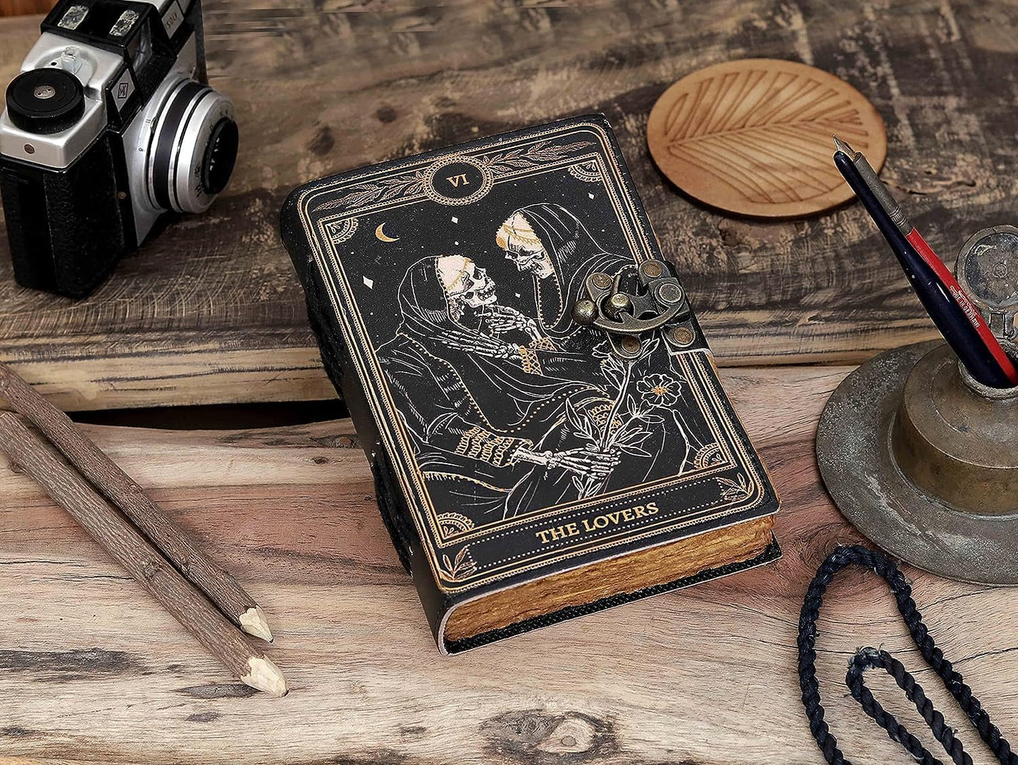 C CUERO Book of Spells Leather Journal Deckle Edge Paper Grimoire Printed Journal The Lovers Tarot Notebook Spiral Gothic Notebook Skull lover Antique Vintage Leather Journals for Men and Women (6 * 8