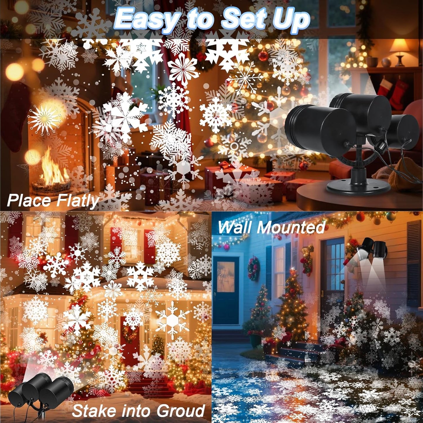 Christmas Snowflake Projector Lights Outdoor, Timing Mode Upgrade 3-Head Snowflake Projector, Waterproof Landscape Lighting Projection Lamp for Xmas Holiday Party Yard Garden Wedding