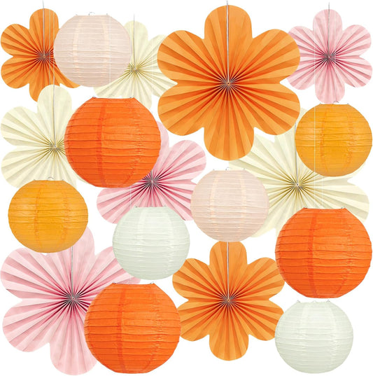 18Pcs Fall Pink and Orange Party Decorations, Hanging Paper Lanterns Flowers Fans for Girls Women Wall Baby Shower One Sweet Peach Thanksgiving Bachelorette Sunset Birthday Fall Party Decorations